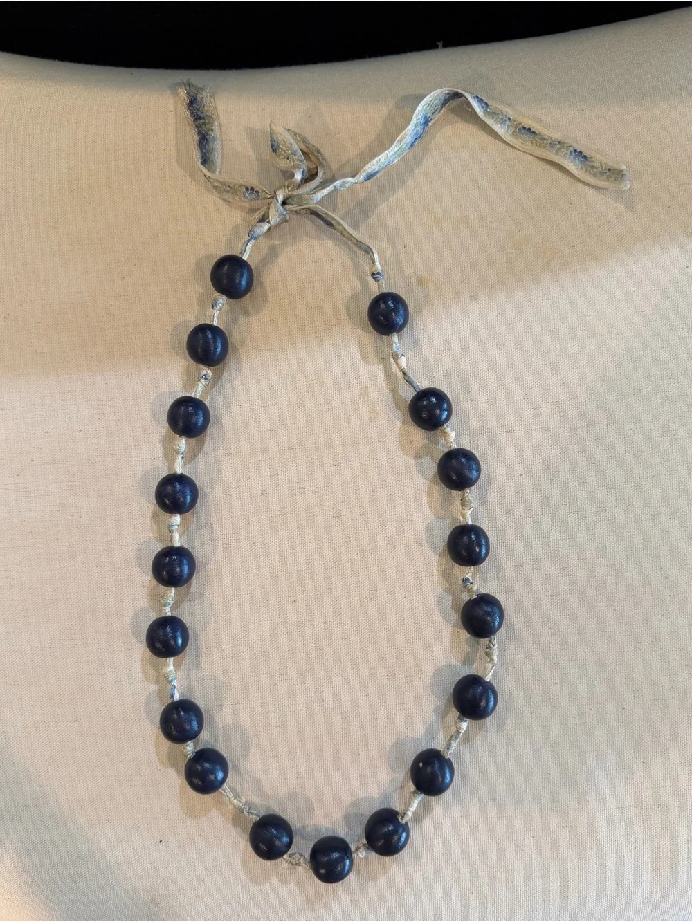 Handcrafted Navy Bead Tie Necklace with Ribbon
